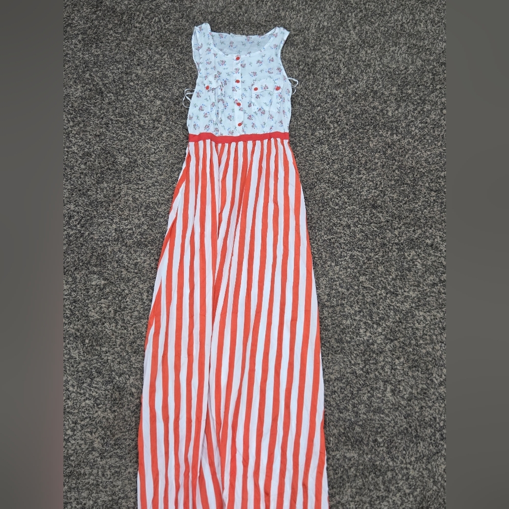 Coral Red and White Striped Maxi Dress
